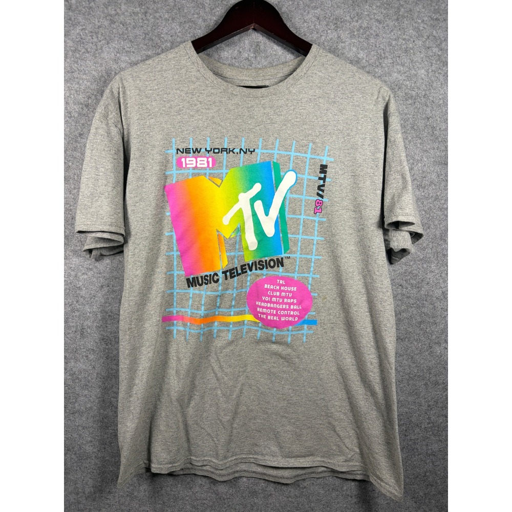 MTV Music Television Mens Large Gray Graphic‎ T-Shirt Retro 80s 90s Logo TRL NY